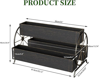 Metal Wagon Planter Box, 3-Tier Garden Planter with Wagon Wheels, Decorative Outdoor Planters for Flowers Herbs Vegetables, Flower Cart Small Raised Garden Bed for Patio, Balcony (Retro Gold)