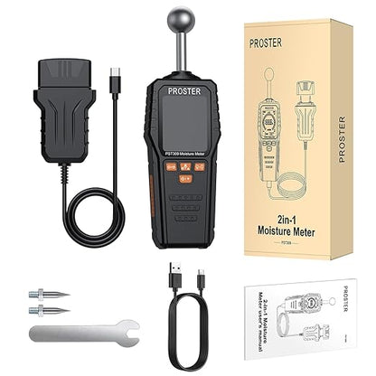 Proster 2-in-1 Pin & Pinless Moisture Meters for Walls - Rechargeable Damp Meter with 3-Colour Bar Graph LCD Display Customizable Alarms Wood Moisture Meter for Building Materials Concrete Plaster