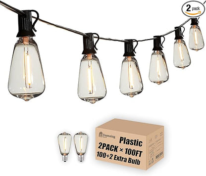 DAMAING Outdoor String Lights 200 FT Waterproof Patio Lights with 102 ST38 Shatterproof LED Bulbs, Dimmable Vintage Edison String Lights for Outside House Backyard Porch Gazebo Party,2-Pack x 100ft