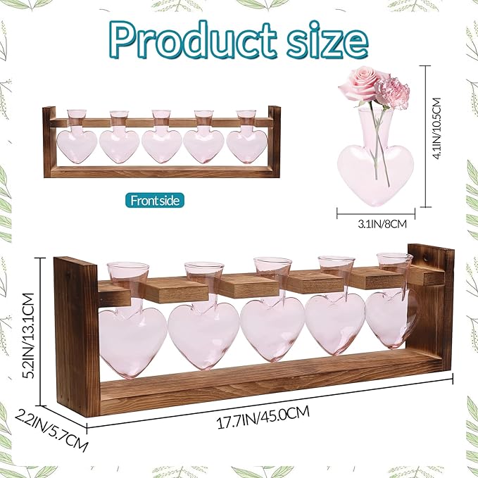 Plant Terrarium Hanging Propagation Stations Gift for Women Air Plants Holder with Wooden Stand Heart Glass