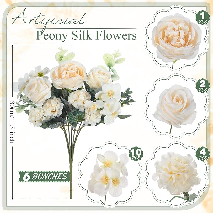 6 Pcs Artificial Peony Silk Florals Fake Mix Silk Peony Rose Faux Flower Hydrangea Bouquet Elegant Realistic Wedding Floral Centerpiece for Home Party Table Arrangement (Champagne)