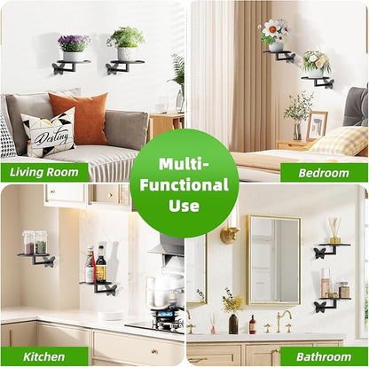 Butterfly Buckle Wall Mounted Plant Shelf 2-Pack Hanging Flower Pot Holder Black Iron Art Space Saving Indoor Balcony Decorative Shelf 5.9 Inch Round Tray Small Potted Plant Organizer Sturdy Bearing for Wall Storage Rack