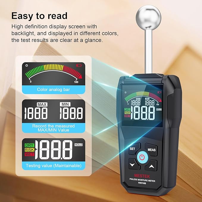 MESTEK Pinless Moisture Meter for Wood, Walls & Drywall, Digital Moisture Detector, Concrete Moisture Meter & Firewood Reader, Detects up to 40mm Below Surface with 3-Color LCD Display, Audible Alarm