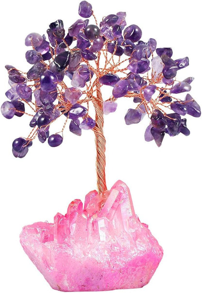 mookaitedecor Amethyst Crystal Tree, Quartz Cluster Fuchsia Titanium Crystals Base Bonsai Money Tree for Wealth and Luck
