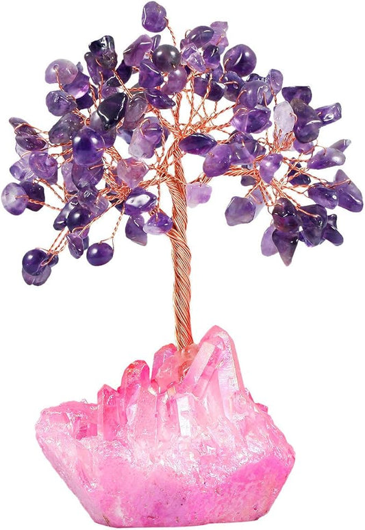 mookaitedecor Amethyst Crystal Tree, Quartz Cluster Fuchsia Titanium Crystals Base Bonsai Money Tree for Wealth and Luck
