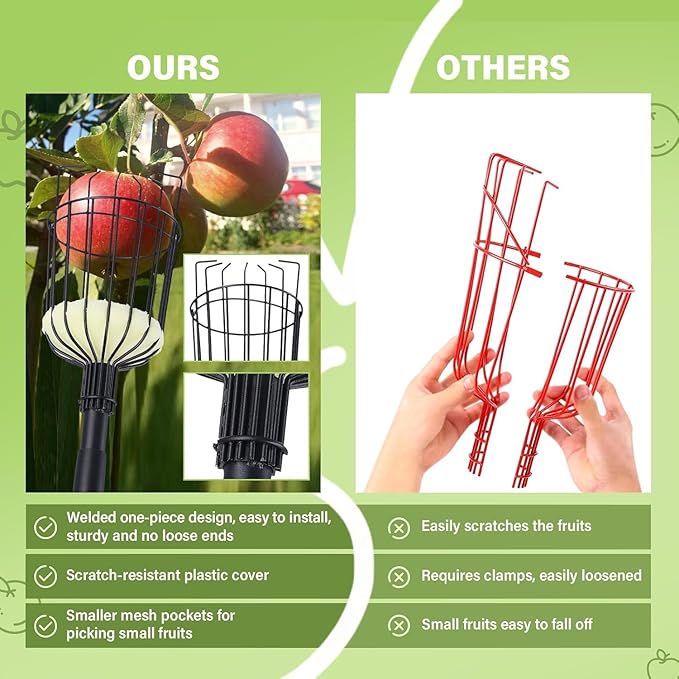 Fruit Picker Pole with Basket - 10.7FT(329CM) Adjustable Tree Gardening Supplies with Stainless Steel Handle Apple Picker Fruit Grabber Reach Tool for Mango Pear Orange Avocados Fruit Picking, Black