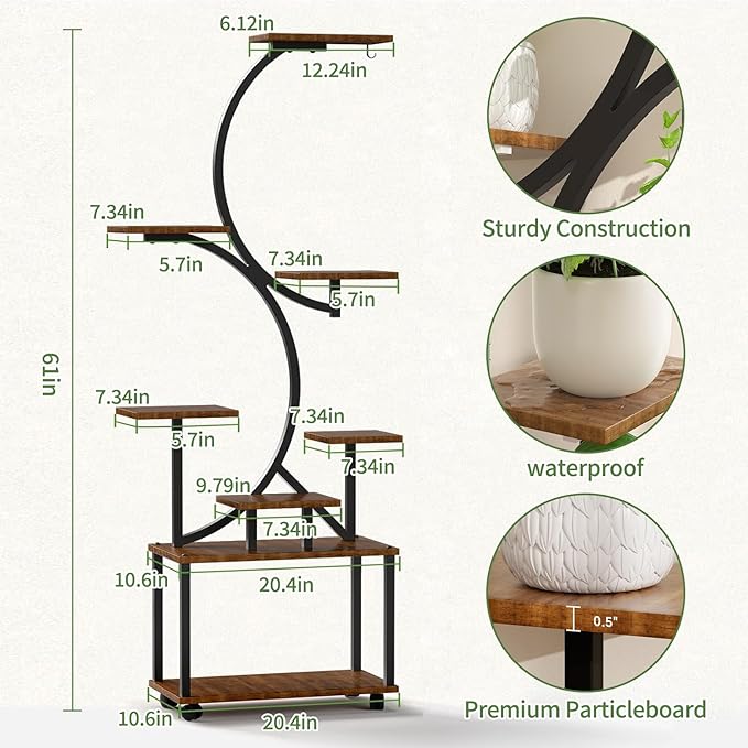 Plant Stand with Grow Light and Wheels, 8-Tiered Tall Plant Stands for Indoor Plants Multiple, Metal Plant Shelf Display Rack Holder, Flower Stand for Indoor Plants, Living Room, Garden, Patio (M)