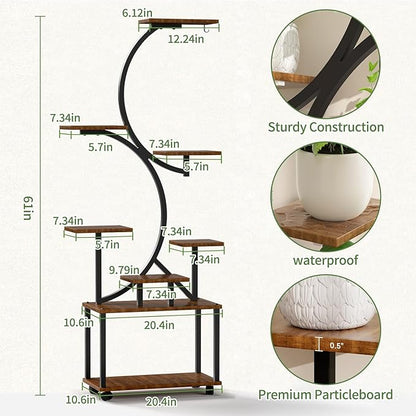 Plant Stand with Grow Light and Wheels, 8-Tiered Tall Plant Stands for Indoor Plants Multiple, Metal Plant Shelf Display Rack Holder, Flower Stand for Indoor Plants, Living Room, Garden, Patio (M)