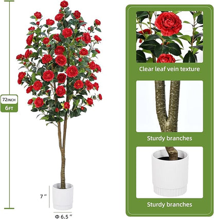 Artificial Camellia Tree 6FT – Nearly Natural Faux Plants Indoor, with Easy Assembly, Low Maintenance, Ideal for Both Indoor Decoration and Other Purposes，Perfect Porch Christmas Trees (Red 6ft)