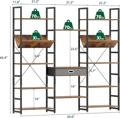 OTK Triple Wide 5 Tier Bookshelf, Adjustable Bookcases with 14 Open Display Shelves, Rustic Industrial Style Bookshelves for Bedroom, Living Room and Home Office, Rustic Brown