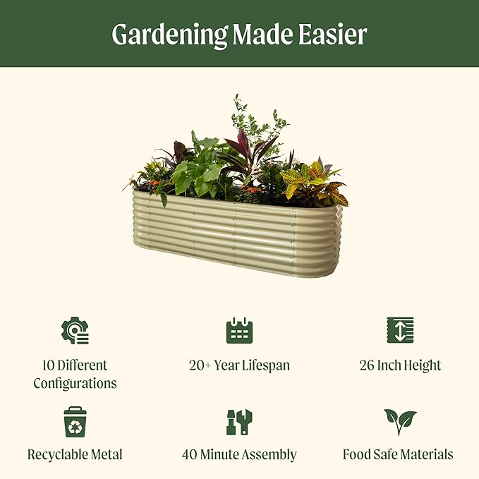 Vego garden 26" Extra Tall Raised Garden Bed Kits, 10 in 1 Modular Raised Planter Box for Vegetables Flowers Fruits Oval Metal Raised Garden-Modern Gray