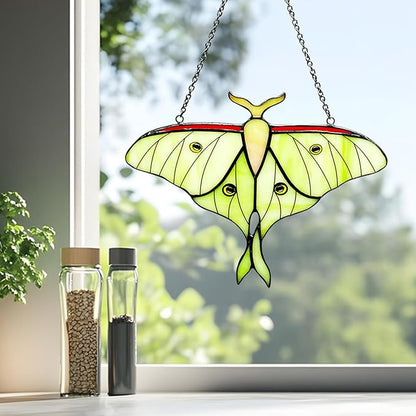 Luna Moth Stained Glass Window Hanging,Handcrafted Real Stained Glass Butterfly Window Suncatchers for Home Indoor Decor, Christmas Mother's Day Birthday Gifts for Women, Mom, Grandma