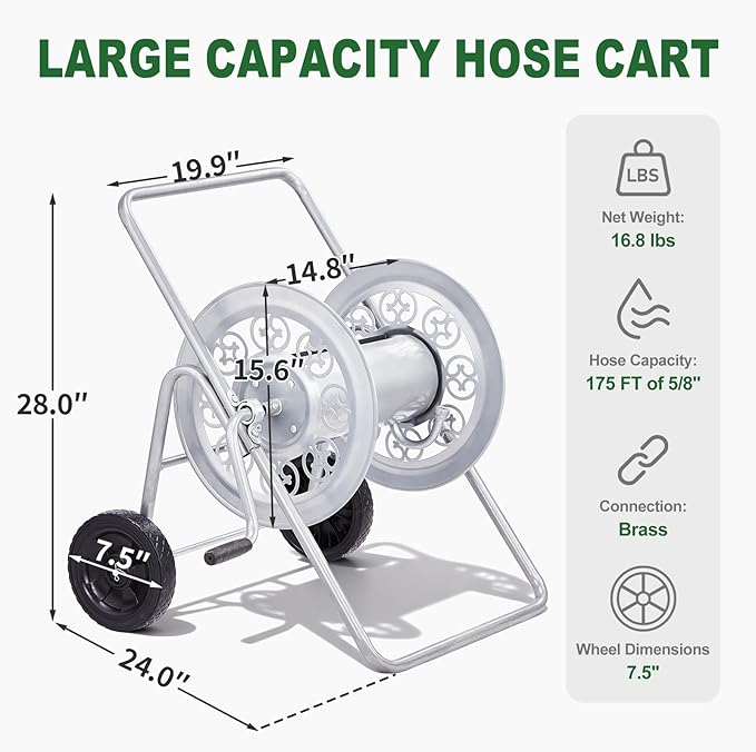 Outvita Hose Reel Cart, Hold up to 175 Ft of 5/8'', Garden Water Hose Reel Carts Mobile Tools with 2 Wheels, Heavy Duty Powder-coated, for Garden, Yard, Lawn, Outdoor(Silver)