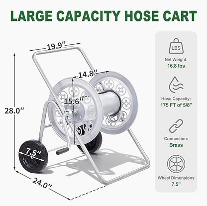 Outvita Hose Reel Cart, Hold up to 175 Ft of 5/8'', Garden Water Hose Reel Carts Mobile Tools with 2 Wheels, Heavy Duty Powder-coated, for Garden, Yard, Lawn, Outdoor(Silver)