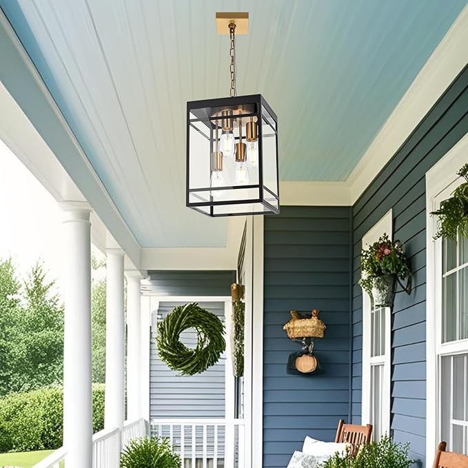 Large Outdoor Pendant Light Fixture for Porch, Black Brass Outdoor Hanging Lantern Pendant Light with Clear Glass, 4 Lights Exterior Porch Chandelier for Outside Patio,Front Door,Enterway