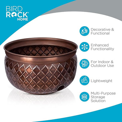 BIRDROCK HOME Water Hose Holder - Decorative Metal Pot, Indoor or Outdoor, Garden Storage Organizer, Patio Portable Bucket - Embossed Steel w/Copper Accents, Holds up to 100ft Hoses