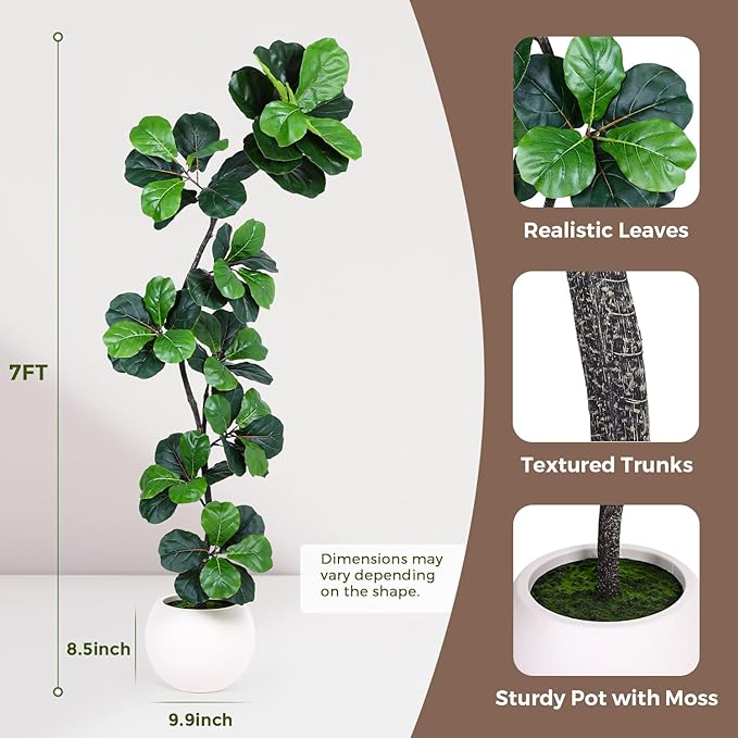 Articifial Fiddle Leaf Tree, 7ft Faux Plant Fake Ficus Lyrata Trees with White Planter & Moss, Artificial Fig Trees Floor Plants for House Office Living Room Indoor Decor, Housewarming Gift
