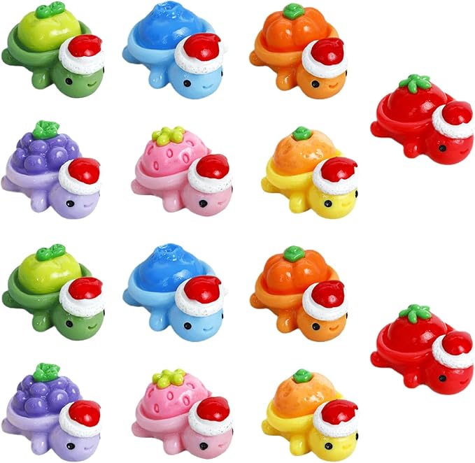 14PCS Mini Resin Turtles with Christmas Hat, Fruit Theme Turtle Figurines, Resin Animal Miniature Decor, Christmas Theme Figurine for Landscape Dollhouse Micro Fairy Garden Decoration Ornament