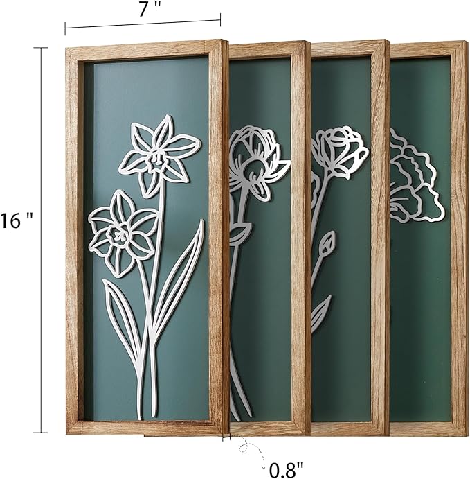 HKBS 3D Wooden Floral Wall Art, Set of 4 Framed Flowers Wall Art Sculptures, Boho Farmhouse Minimalist Decor for Bathroom Bedroom Living Room Kitchen or Office Wall Decorations Housewarming Gifts (Green)