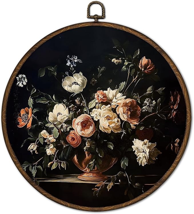 cvjutf Moody Vintage Flower Wall Art Decor Framed, Rustic Botanical Floral Round Wall Decor, Dark Academia Floral Canvas Prints Art for Gallery Bathroom Living Room, 10x10 Inch