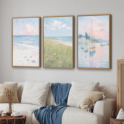 Rantodecor Impressionist Framed Canvas Wall Art, Blue and White Pink Beach Wall Decor, Pastel Preppy Sailboat Posters Art Prints, Coastal Beach House Artwork for Bedroom Living Room Office 16"x24"x3