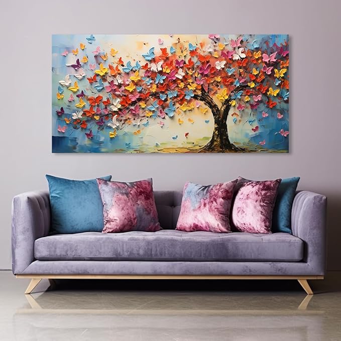 Butterfly Tree Canvas Wall Art Colorful Tree of Life Canvas Oil Painting Prints for Living Room Office Abstract Butterfly Tree Wall Décor Artwork Family Bedroom Farmhouse Décor,Ready to Hang (24x48 Inches)