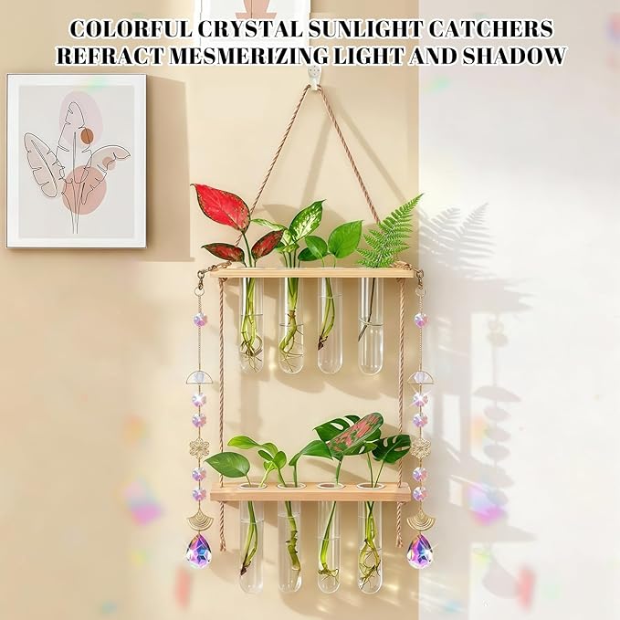 Hanging Propagation Stations with Crystal Suncatchers Glass Wall Planters for Indoor Plants Hydroponics, 2 Tiered Wooden Stand Mini Test Tube Flower Vase Glass Planter Stations for Home Decor (Beige)