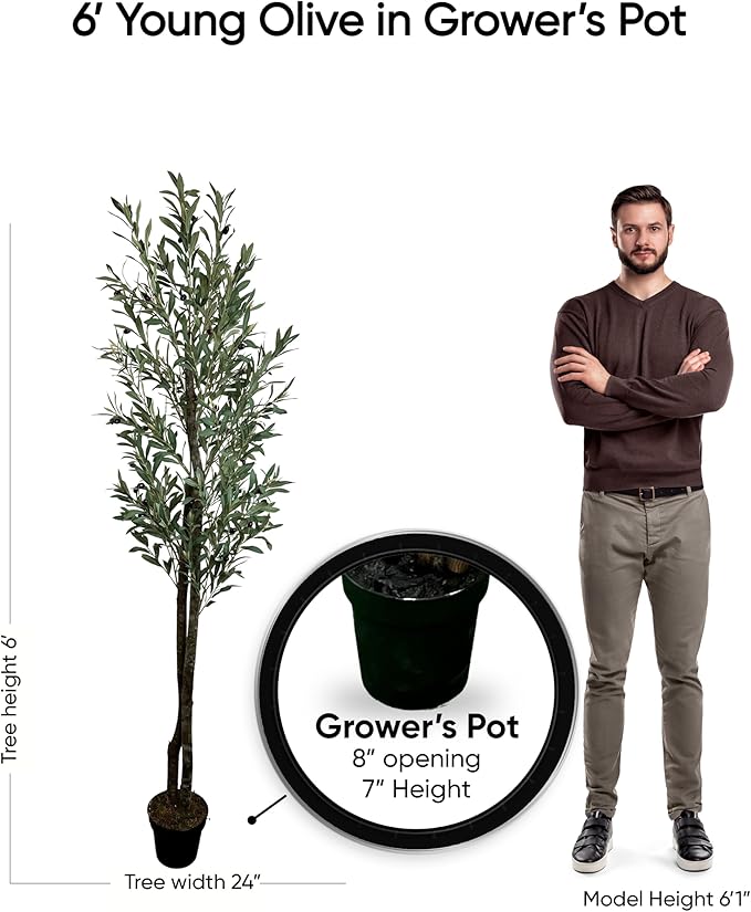 Cypress & Alabaster Handmade 6ft Young Olive Artificial Tree with Ethically Sourced Real Wood Trunks, Hypoallergenic, 6-Foot, Green