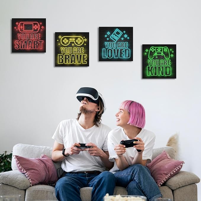 4 PCs Neon Gaming Wall Decor Canvas Wall Art Framed Art Game Room Decor Boys Room Decor Gaming Posters, Gamer Room Decor for Boys, Artwork for Walls Video Game Room Playroom Boys Bedroom Home Decor