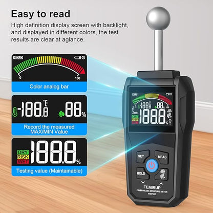 Moisture Meter - TEMIRUP Pin & Pinless Wood Moisture Tester with Color LCD and Acoustic Alarm, Digital Moisture Reader Detects 20-40 mm for Walls, Wood, Masonry, Concrete and Other Building Materials