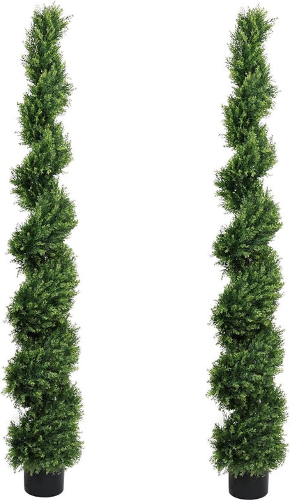 THE BLOOM TIMES 6ft Spiral Artificial Topiary Trees Set of 2, 71 inch Faux Cedar Trees for Outdoor Planters - Fake Twist Cypress Plants for Garden Front Porch Indoor Outside Decor 6 Foot