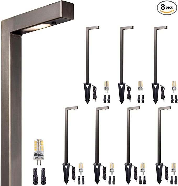 Gardenreet Brass Low Voltage Garden Lights, Outdoor Landscape Pathway Light, 12V LED AC/DC Bronze L Shape Path Lamp for Sideway House Walkway with 3W 270LM 4000K G4 Bulb 8 Pack