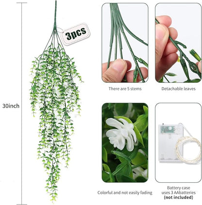 RECUTMS 3 Pcs Hanging Fake Plants Fake Vines Artificial Plants Large Faux Hanging Plant with 30 LED String Light, Artificial Greenery Wall Indoor Outdoor(White)