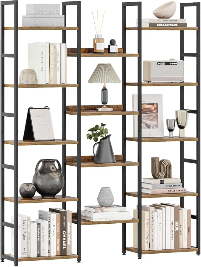 OTK Triple Column 5 Tier Bookshelf, Large Bookcase with 14 Open Display Shelves, Adjustable Industrial Book Shelf with Baffles, Wide Bookshelves for Bedroom, Living Room and Home Office, Rustic Brown