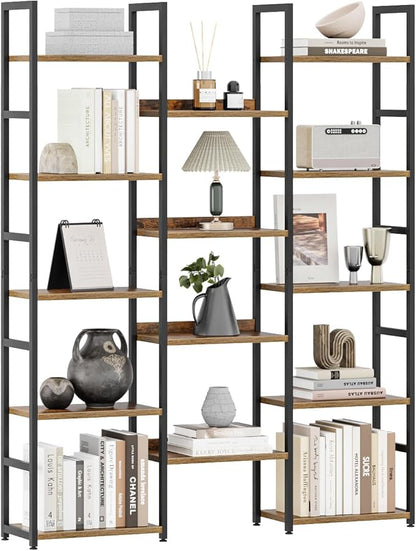 OTK Triple Column 5 Tier Bookshelf, Large Bookcase with 14 Open Display Shelves, Adjustable Industrial Book Shelf with Baffles, Wide Bookshelves for Bedroom, Living Room and Home Office, Rustic Brown