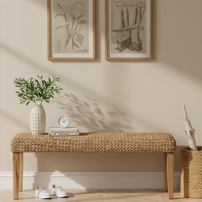 Solid Wood Acacia Indoor Bench with Natural Woven Seat, 47" Boho Bench Entryway, Wood Bench for Living Room or Entryway, Vintage Bench (Fishbone Style - Natural, Water Hyacinth)