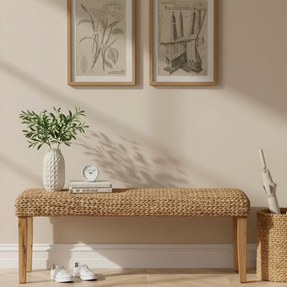 Solid Wood Acacia Indoor Bench with Natural Woven Seat, 47" Boho Bench Entryway, Wood Bench for Living Room or Entryway, Vintage Bench (Fishbone Style - Natural, Water Hyacinth)