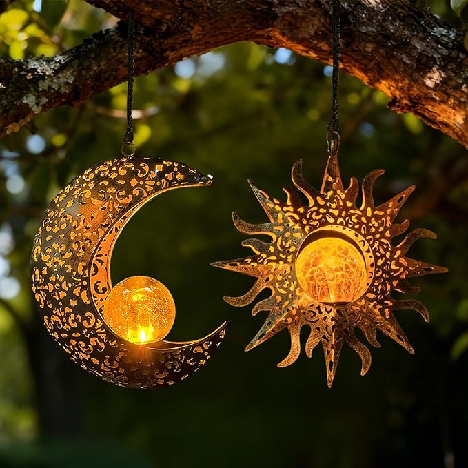Solar Hanging Sun and Moon Lights Garden Outside Decor,2 Pack Metal Lanterns Outdoor Sunflower Art Decorations for Porch Backyard Patio Wall Tree,Unique Gardening Gifts for Women Mom Grandma