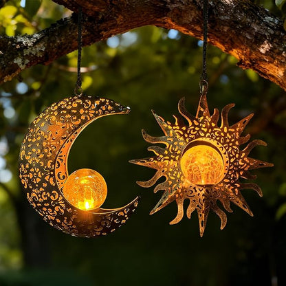 Solar Hanging Sun and Moon Lights Garden Outside Decor,2 Pack Metal Lanterns Outdoor Sunflower Art Decorations for Porch Backyard Patio Wall Tree,Unique Gardening Gifts for Women Mom Grandma