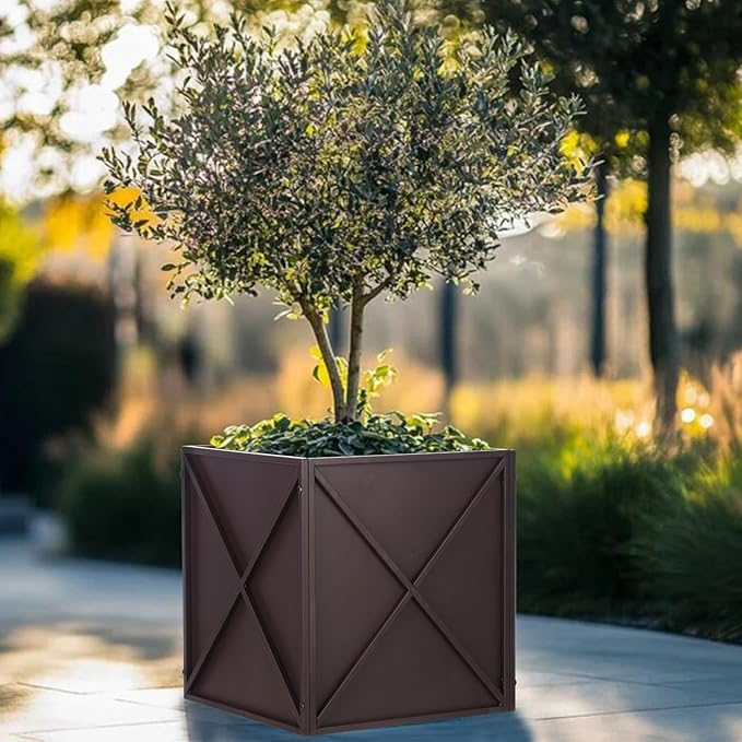 BAYN Metal Square Planter Box Tall Planters for Outdoor Plants Modern Heavy Duty with Drainage Holes for Outside Indoor Patio Deck - Brown, 17”x 17”x 18”