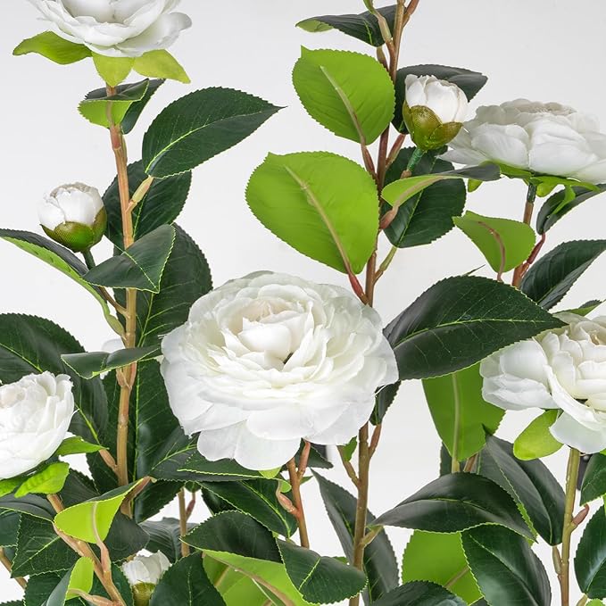 Artificial Camellia Tree 2 Pack, 3FT Faux Camellia Plant in Pot, 36 inch Fake Potted Camellia Flower Tree Plastic Camellia Tree for Modern Home Office Living Room Floor, Christmas, Decor Indoor, White