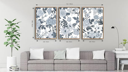 Large Framed Canvas Wall Art - Natural Float Framed Rustic Grey White Flowers Pictures Decor Gray Blue Leaves Artwork Prints for Bedroom Living Room Kitchen Home Office Decoration 72" X 36" Set of 3