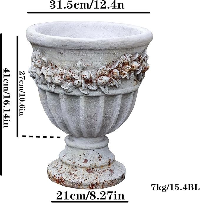 VISIBLE Vintage European Giant Garden Urn Planter, Decorative Cement and Fiber Flower Pot, Make Rust Finished, Wrap Foam Safely Delivered from Local Warehouse (Country, Large)