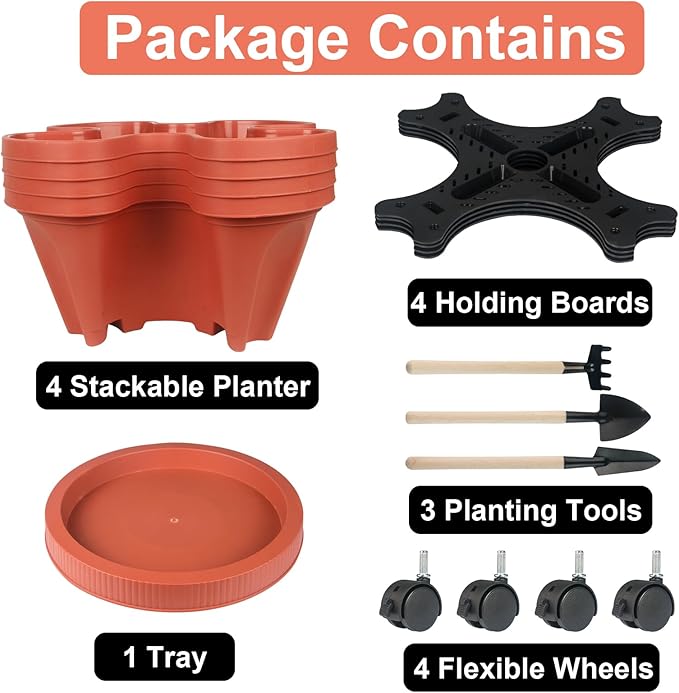 GameXcel Vertical Planter 4 Tier Stackable Planters Garden Planters Strawberry Herb Flower and Vegetable Planter Indoor Outdoor Gardening Pots with Removable Wheels and Tools