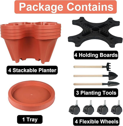 GameXcel Vertical Planter 4 Tier Stackable Planters Garden Planters Strawberry Herb Flower and Vegetable Planter Indoor Outdoor Gardening Pots with Removable Wheels and Tools