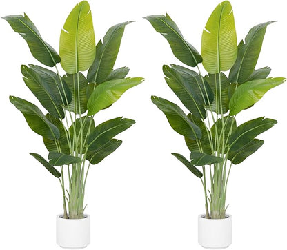 Artificial Bird of Paradise Plant 6.5Ft Tall Fake Tropical Palm Tree Large Fake Plants with 15 Silk Banana Leaves Faux Plant Indoor Decor Trees White Pot for Home Bedroom Living Room Office 2pcs