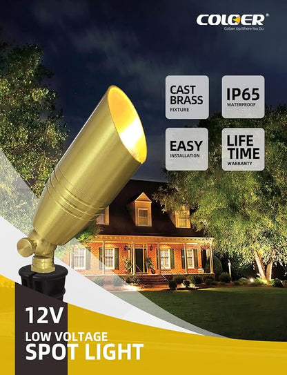 COLOER Die-cast Brass Landscape Spotlight 6-Pack with 5W Aluminum Housing LED MR16 Bulb,12V AC/DC Low Voltage Copper Outdoor Lighting, Directional Garden Patio Spot Up Light (102B Copper Finish)