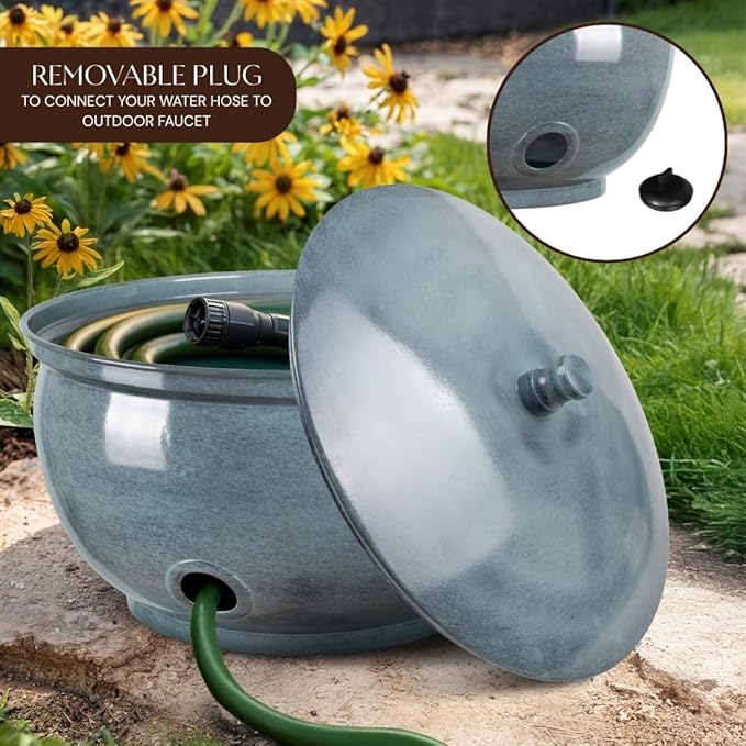 Monarch Abode Garden Hose Holder with Lid – Decorative Water Hose Holders for Outside, Smooth Metal Patina Pot with Drainage, 100ft Waterhose Holder for Outside, Garden Storage Caddy