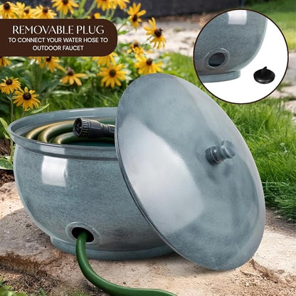 Monarch Abode Garden Hose Holder with Lid – Decorative Water Hose Holders for Outside, Smooth Metal Patina Pot with Drainage, 100ft Waterhose Holder for Outside, Garden Storage Caddy