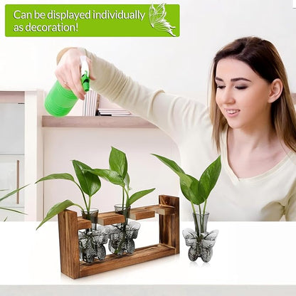 Glass Plant Propagation Station Butterfly Planter Vase with Wooden Stand Birthday Gifts for Women Mom Plant Lovers Office Home Decoration